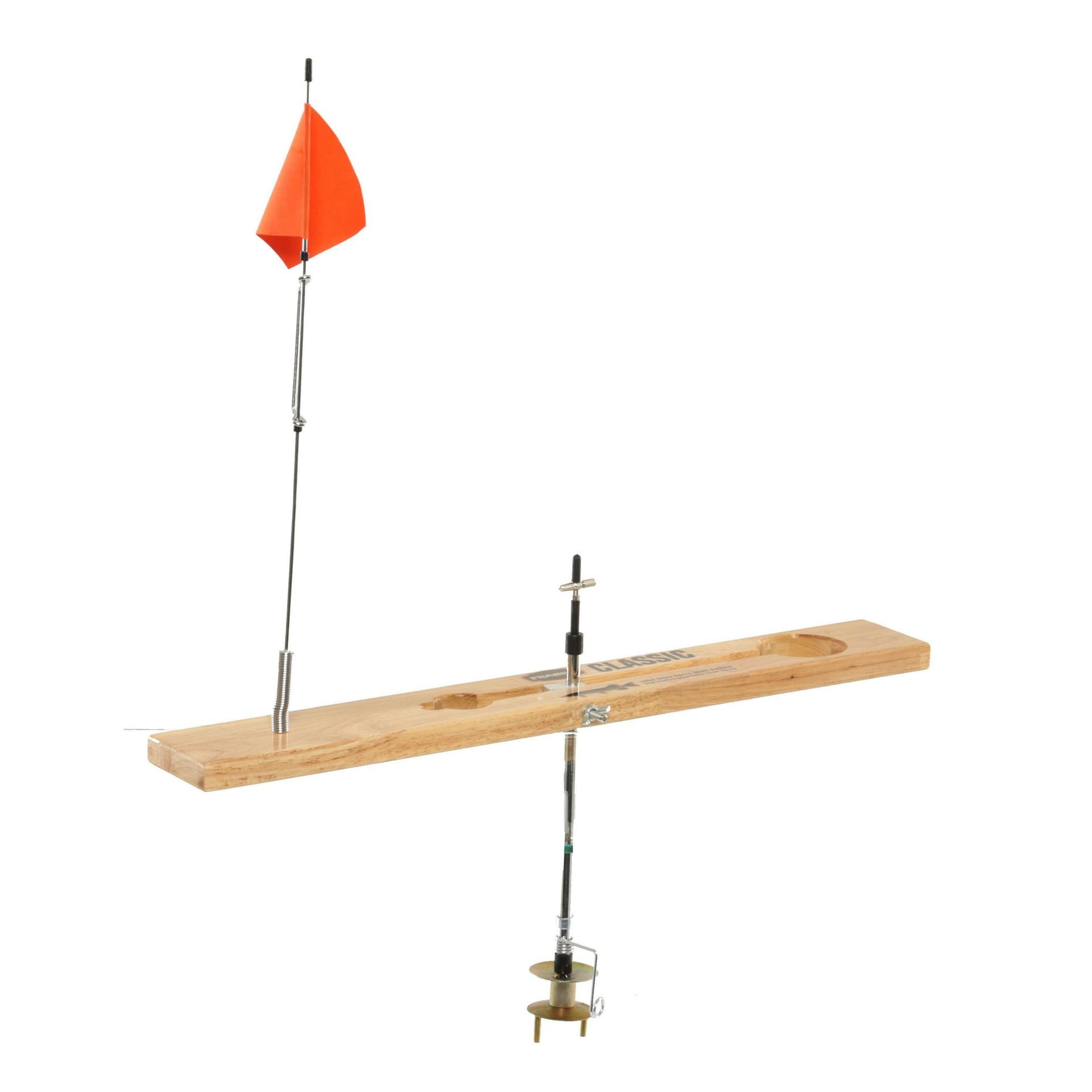 Ice fishing tip-up with indicator light and flag 1991 patent black
